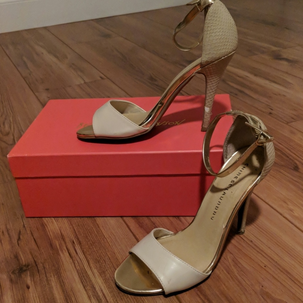 Chinese laundry gold / ivory ankle strap stilettos